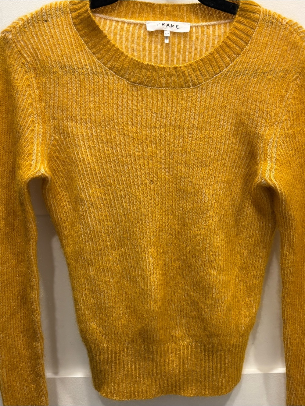 Frame Denim Golden Mustard Wool Cashmere Angora Ribbed Crewneck Sweater
